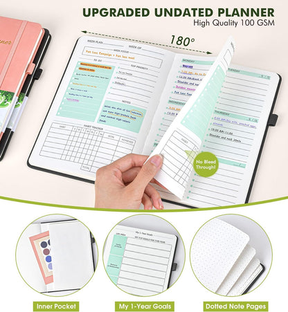 Undated Weekly and Monthly Planner, Hardcover Leather Calendar Blank Planner, Simplified To Do List Notebook with Goal & Habit Tracker Organizer, A5 Daily Weekly Planner for Work School Home, Black