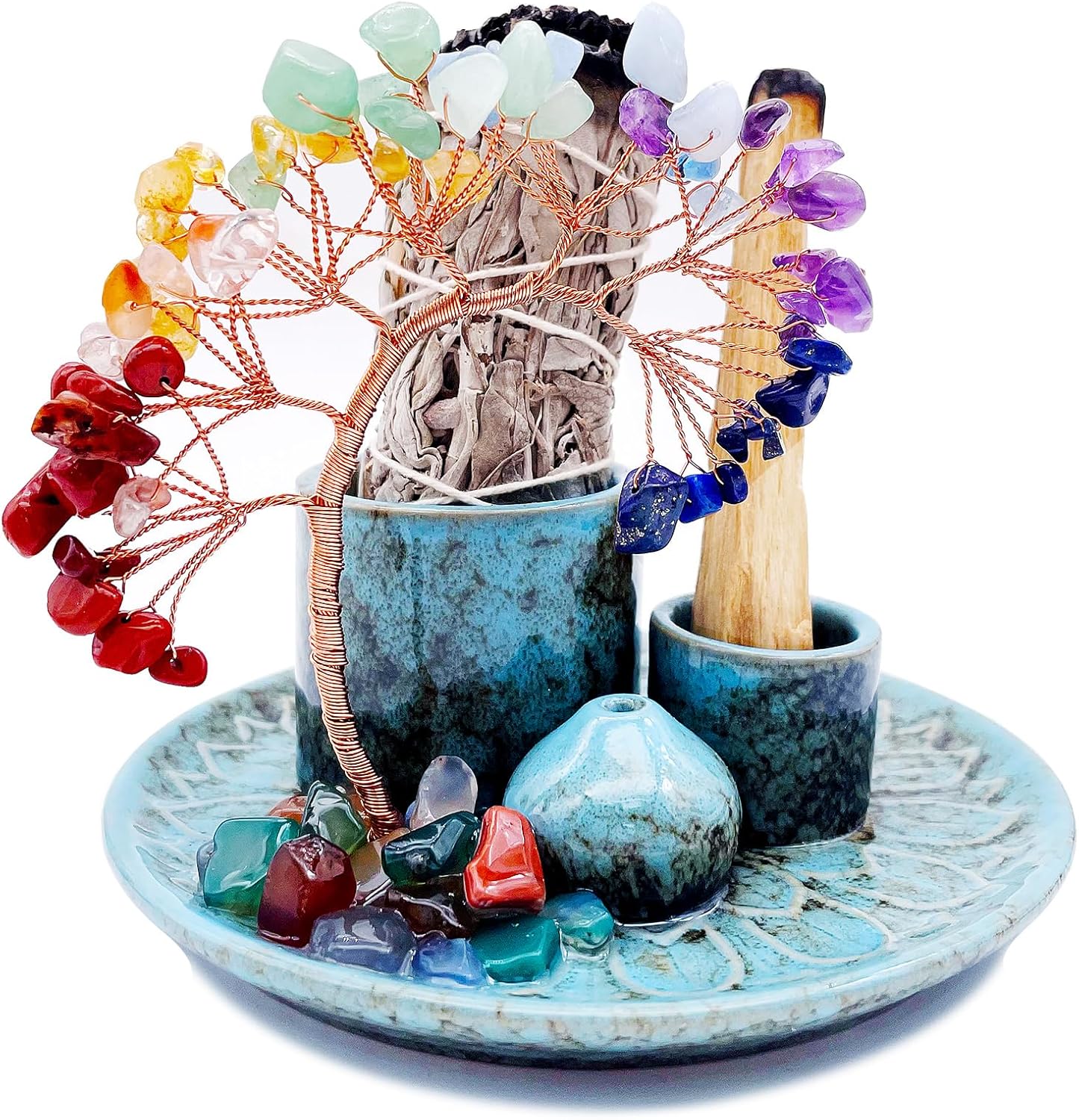 5 in 1 Incense Burner Holder with Crystal Healing Tree, Palo Santo Holder, Sage Holder, Incense Holder for Sticks/Cones/Candles, Ceramic Tray Ash Catcher for Burning Incense, Meditation Gift