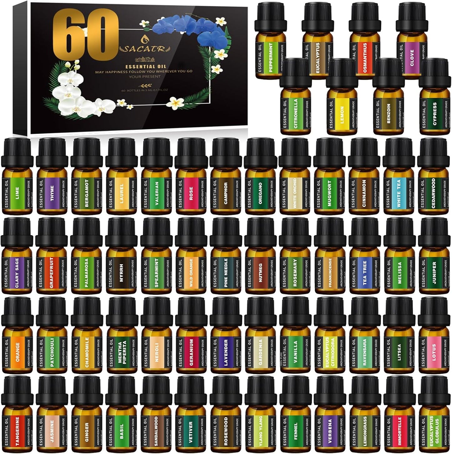 SACATR 36 Pcs Natural Essential Oil Sets,Essential Oils for Diffuser, Humidifiers, Skin Care, Massage, Fragrance Oil Scent for DIY Candle and Soap Making, Gift for Friends (36 * 5ML)