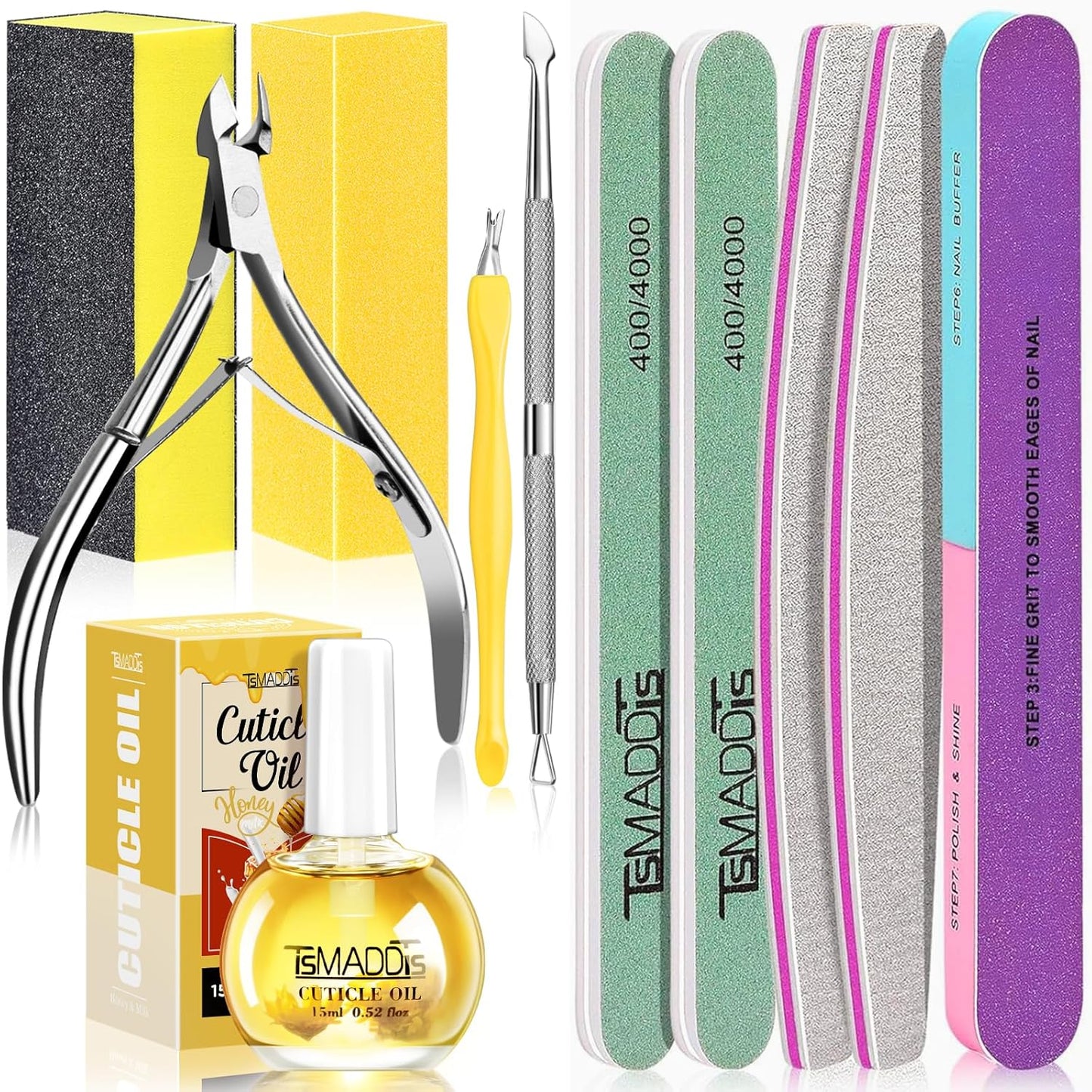 TsMADDTs Manicure Tools Kit Nail Care Kit with 3 pcs Files, 2 pcs Buffer Blocks, 2 Polishing Buffers, Cuticle Nipper, Pusher and Cuticle Oil