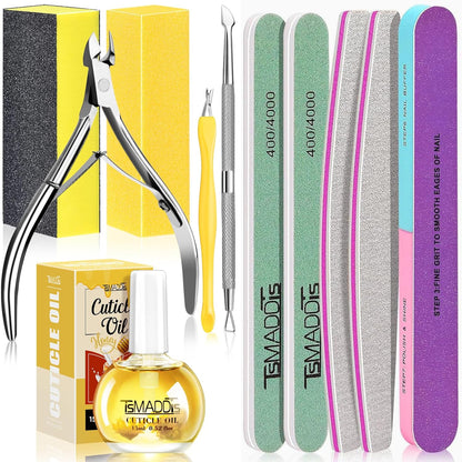 TsMADDTs Manicure Tools Kit Nail Care Kit with 3 pcs Files, 2 pcs Buffer Blocks, 2 Polishing Buffers, Cuticle Nipper, Pusher and Cuticle Oil