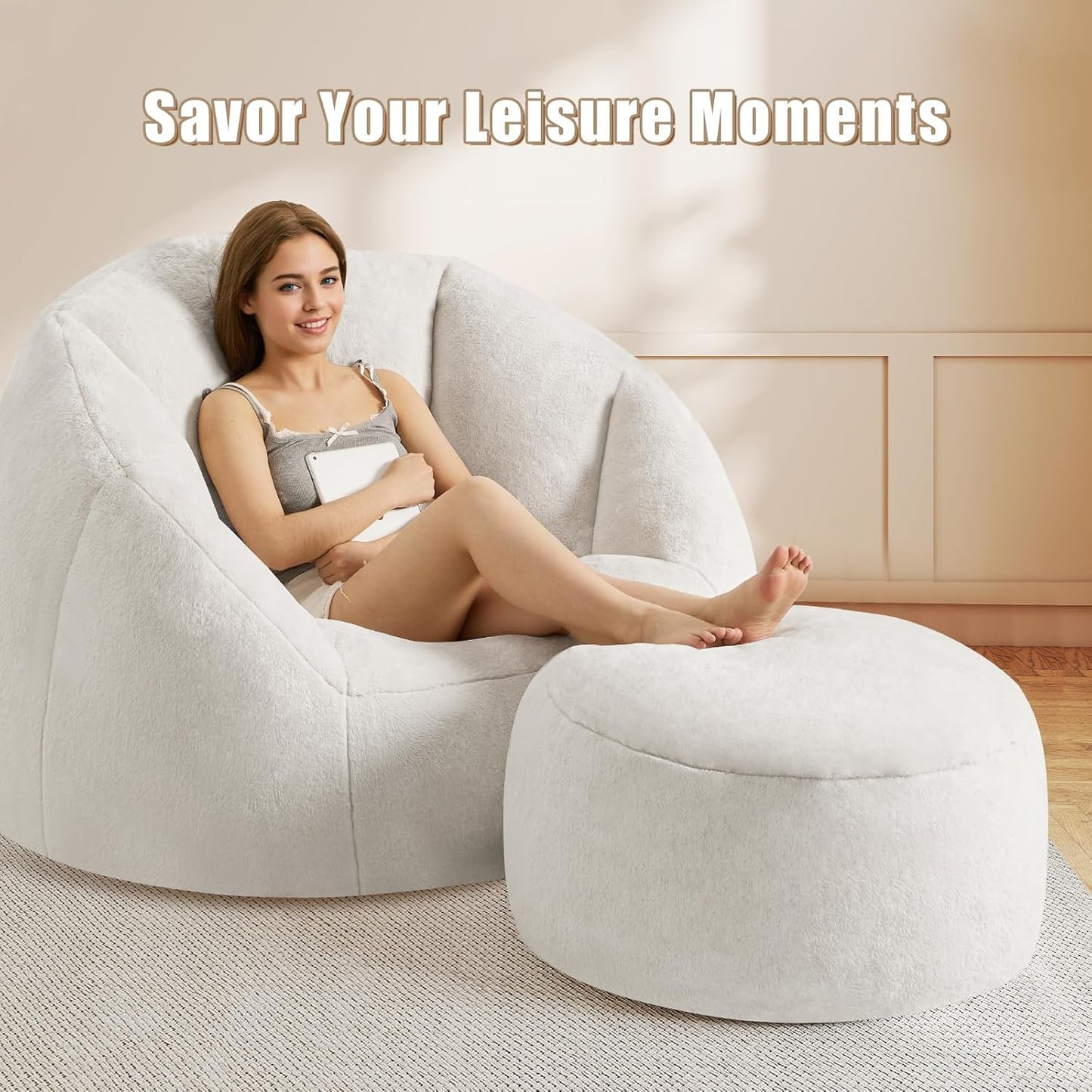 Round Stuffed Pouf Ottoman Foot Rest, Faux Fur Poufs with Memory Foam Filling, Ottomans for Living Room, Nursery, Dorm, Soft Foot Stool Ottoman for Couch, Perfect for Resting Your Feet (Grey, 20 Inch)