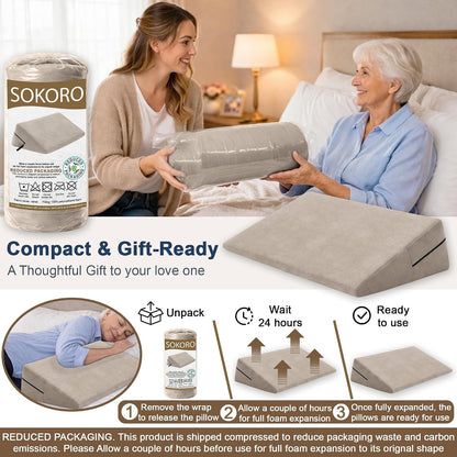 sokoro Bed Wedge Pillow for Sleeping, Small 7 Inch Compact Triangle Wedge Pillow for Acid Reflux, Sleep Apnea & Snoring Relief, Firm Incline for Back Support, Washable Cover (Grey, 24x14x7 in)