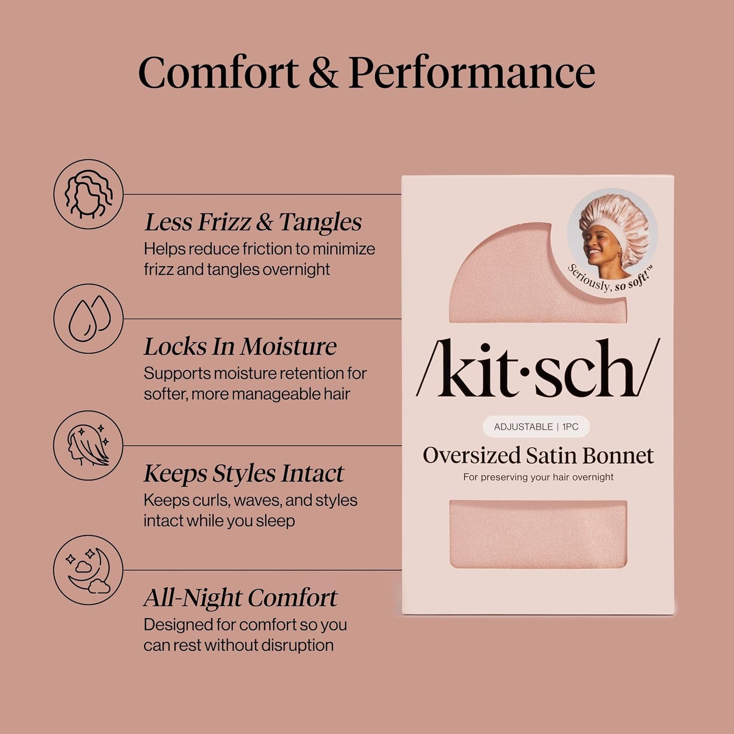 Kitsch XL Satin Bonnet for Sleeping - Softer Than Silk Bonnet For Sleeping Women - Secure Fit, Adjustable, Night Cap For Curly & Textured Hair - Prevents Breakage, Tangles & Thinning - Blush