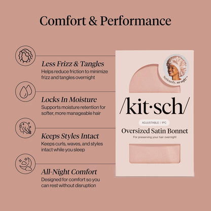 Kitsch XL Satin Bonnet for Sleeping - Softer Than Silk Bonnet For Sleeping Women - Secure Fit, Adjustable, Night Cap For Curly & Textured Hair - Prevents Breakage, Tangles & Thinning - Blush