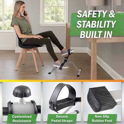 Under Desk Exercise Bike Pedal Exerciser – Mini Stationary Cycle with Adjustable Resistance, Calorie Tracker & Foldable Design – Compact Pedal Machine for Home, Office, or Physical Therapy by Wakeman