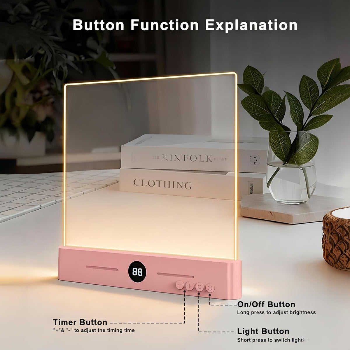 XL LED Flat Book Light for Reading at Night in Bed, Matte Pink