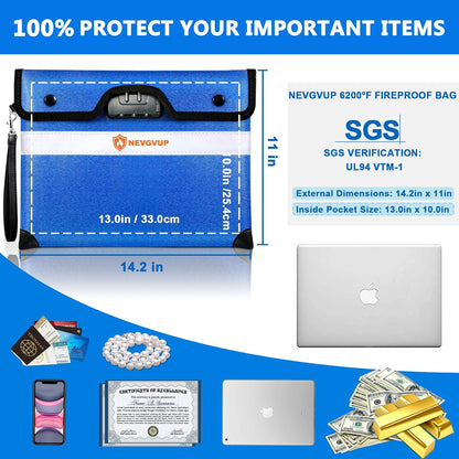 Upgraded 6200°F Fireproof Document Bag with Lock, Fire proof Money Bag for Cash with Zipper/Reflective Strip, 9 Layer of Heat Insulated Material, Water Resistant Fireproof Bags for Documents,Safe Bags