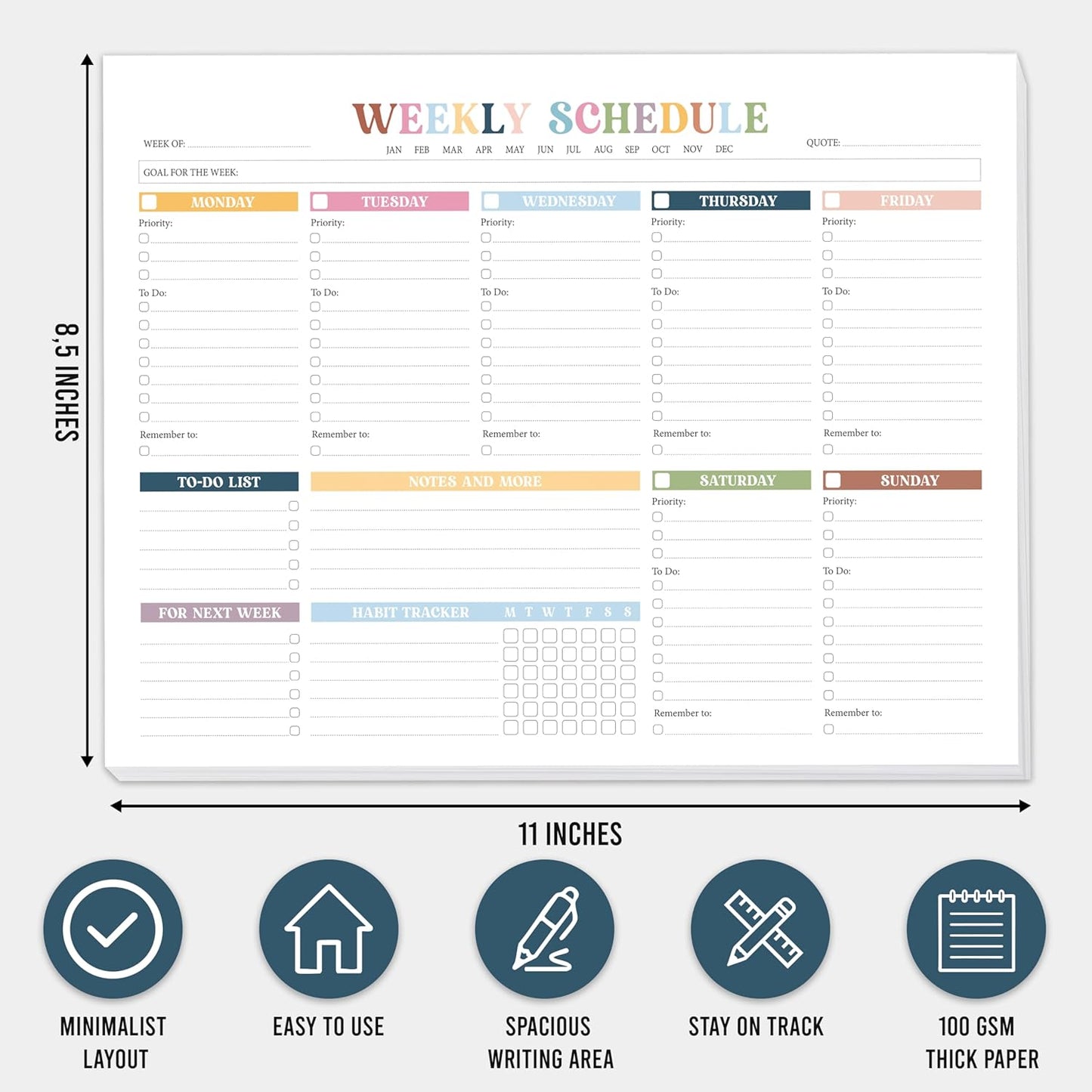 Rainbow Boho Weekly Planner Undated - 52 Sheets Weekly To Do List Notepad, Large 8.5x11" Tear-off Desk Weekly Planner Pad For Work, School, Home Office Organization & Productivity