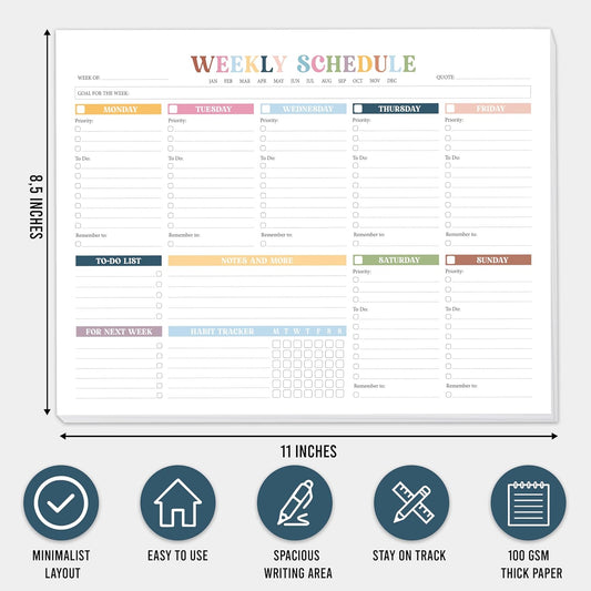 Rainbow Boho Weekly Planner Undated - 52 Sheets Weekly To Do List Notepad, Large 8.5x11" Tear-off Desk Weekly Planner Pad For Work, School, Home Office Organization & Productivity
