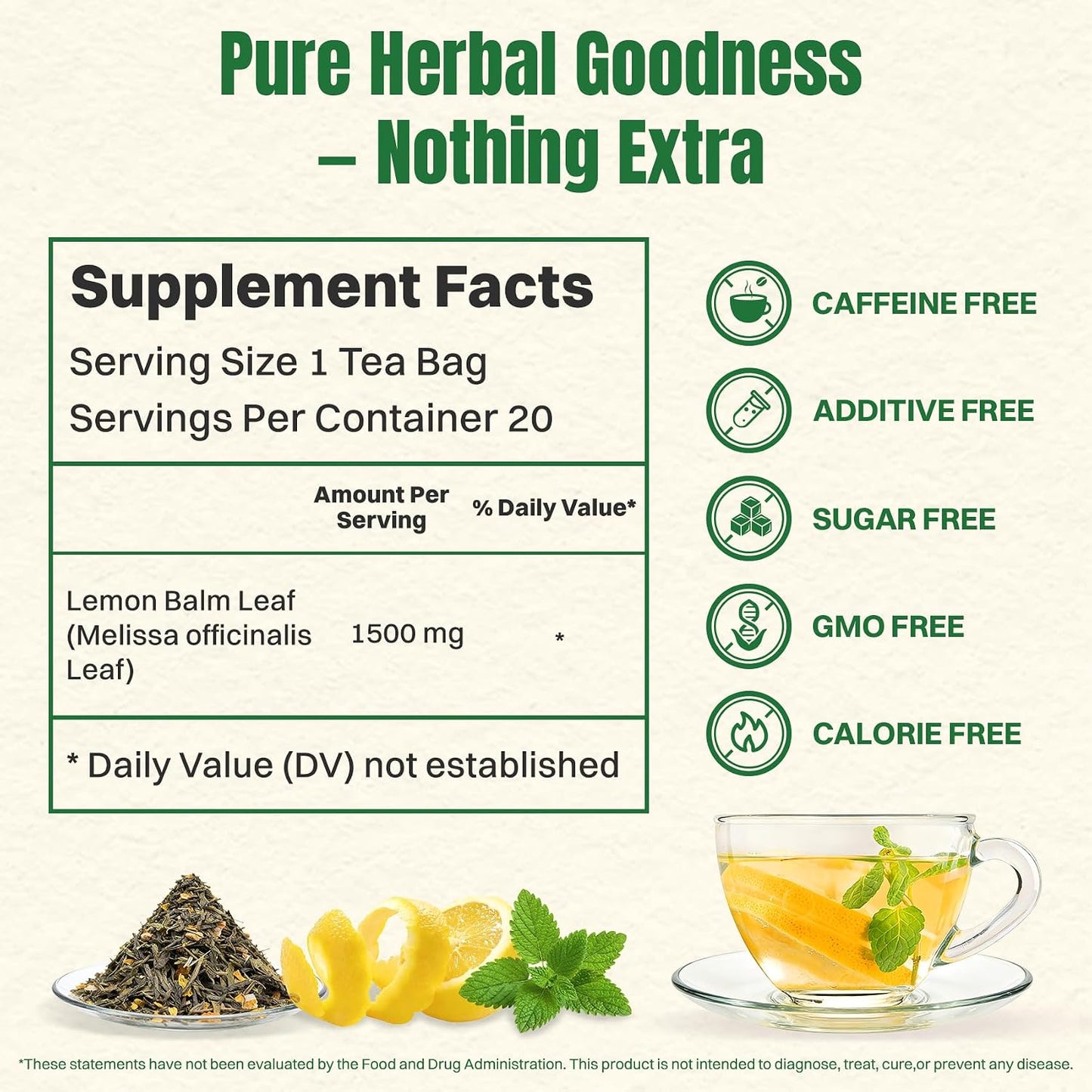 Hiihone Lemon Balm Tea Bags 20 Count – Pure & Natural Lemon Balm Tea, Caffeine-Free Herbal Tea, Calming & Soothing, Non-GMO, Fresh Citrusy Flavor