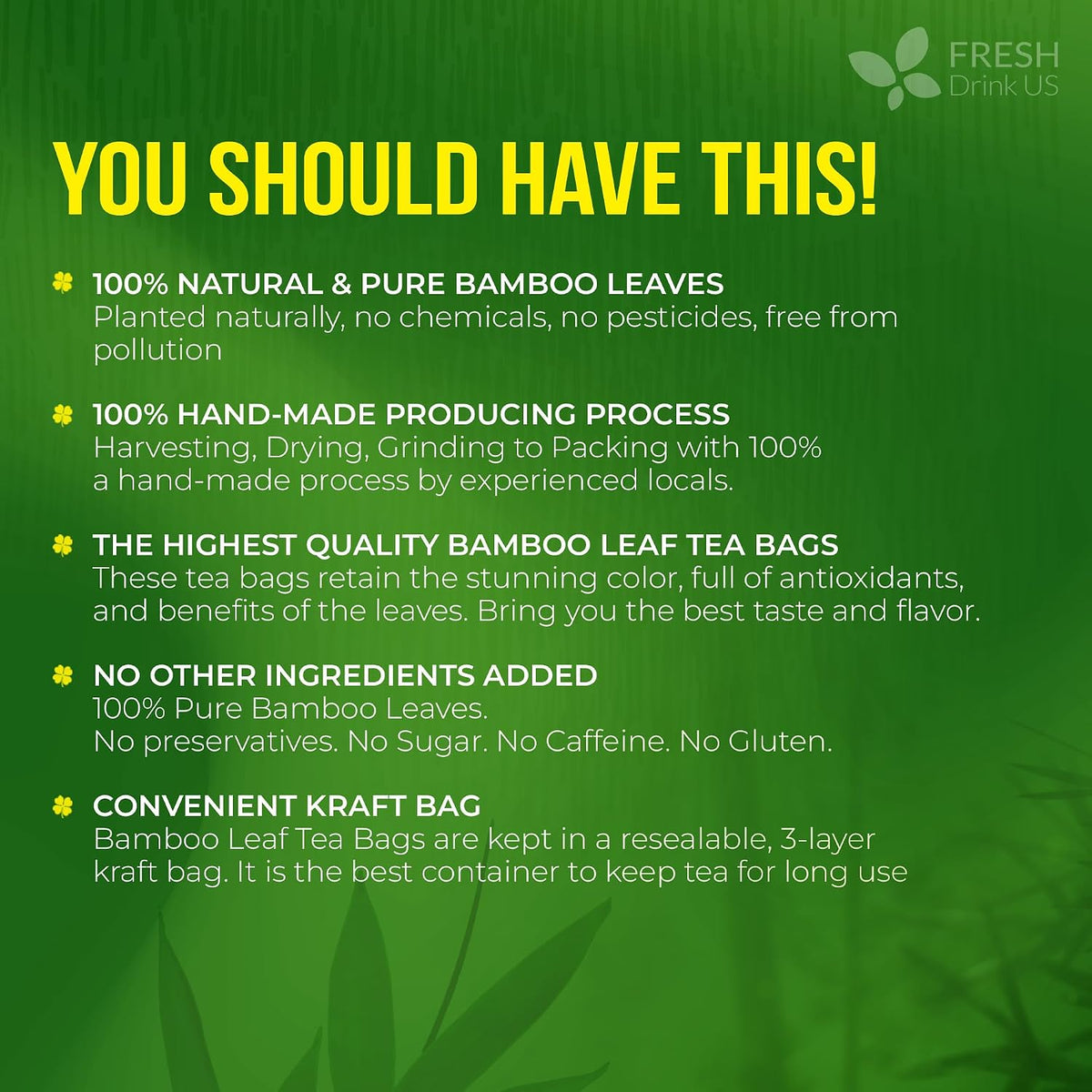 FreshDrinkUS, Premium Bamboo Leaf Tea, 75 Count, Pure, Caffeine Free