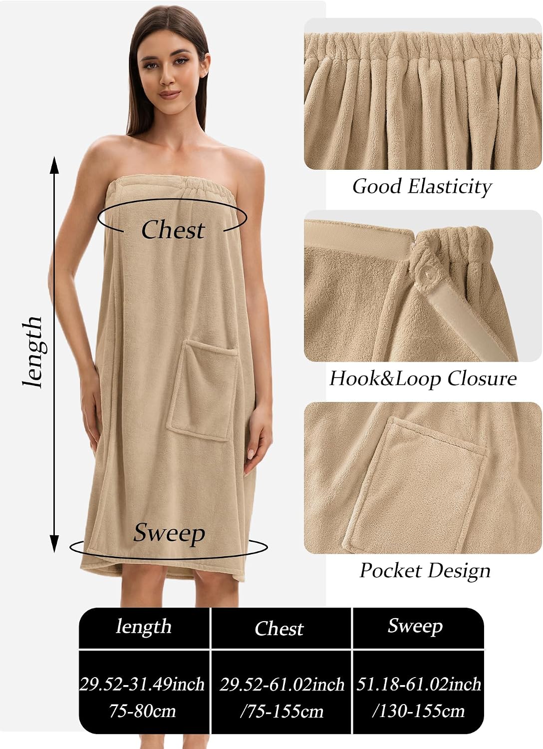 Towel Wrap For Women After Shower，Plush Bath Robe Female，Sauna Spa Wrap Around Towels With Pockets