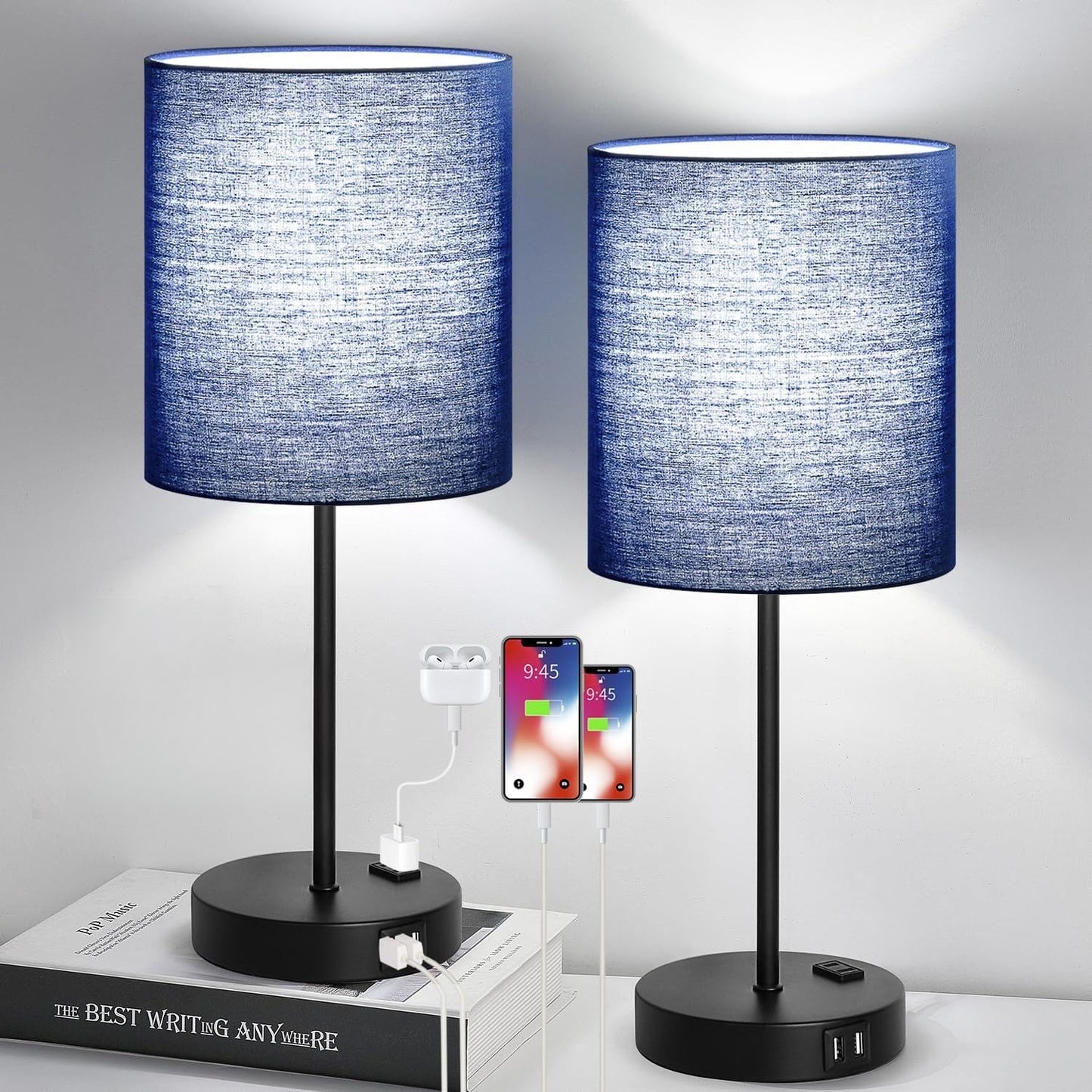 Set of 2 Touch Control Table Lamps with 2 USB & AC Outlet, 3-Way Dimmable Bedside Nightstand Lamps for Bedroom Living Room Nursery, 800 Lumens 5000K Daylight Bulbs Included