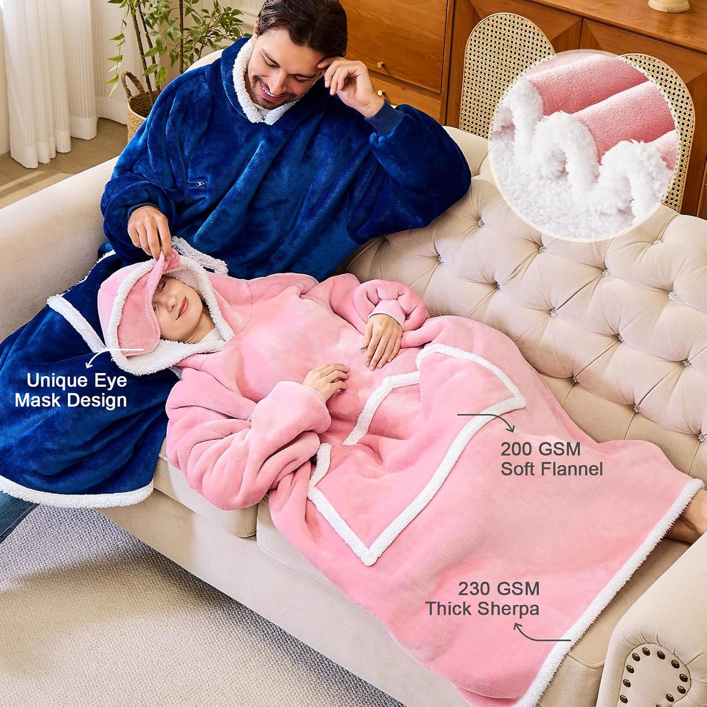 IFNOW Wearable Blanket Hoodie, Oversized Sherpa Fleece Hooded Blanket Sweatshirt with Eye Mask and Pocket, Comfy Long Flannel Blanket for Adults Men,Gifts for Women Mom Girlfriend,MoonFace