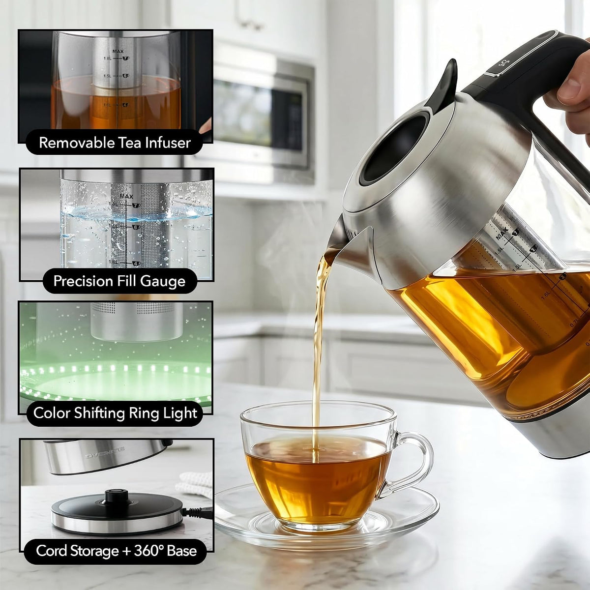 OVENTE 1.8L Glass Electric Kettle with Tea Infuser, Silver KGD752S