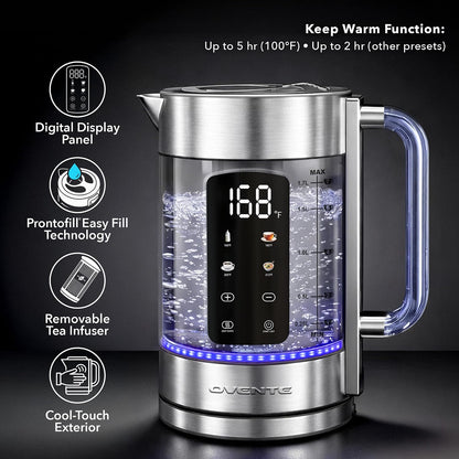 OVENTE Digital Glass Electric Tea Kettle 1.7L with Color-Changing LED Lights Temperature Control, Double-Wall Cool Touch, 4 Presets, Keep Warm, Tea Infuser & Boil-Dry Protection, Silver KGD913S