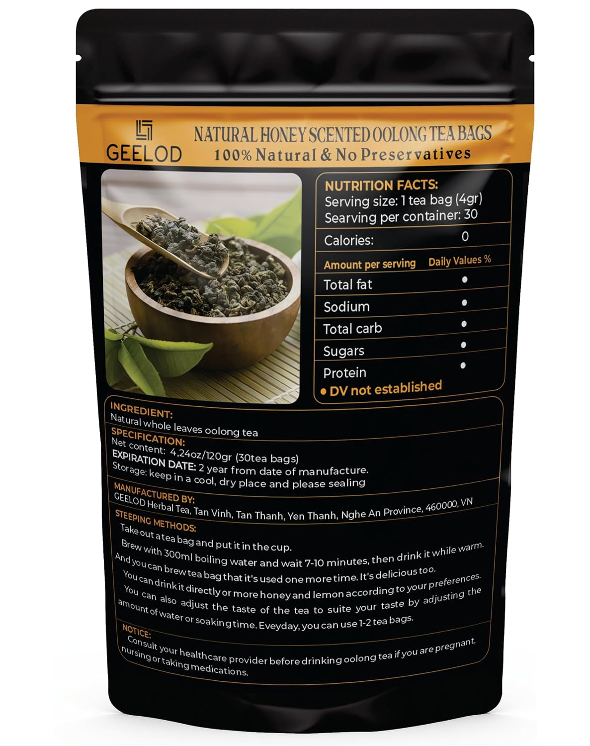 Natural Oolong Tea Bags - 100% Premium Whole Leaf Honey Aroma Cortisol Tea