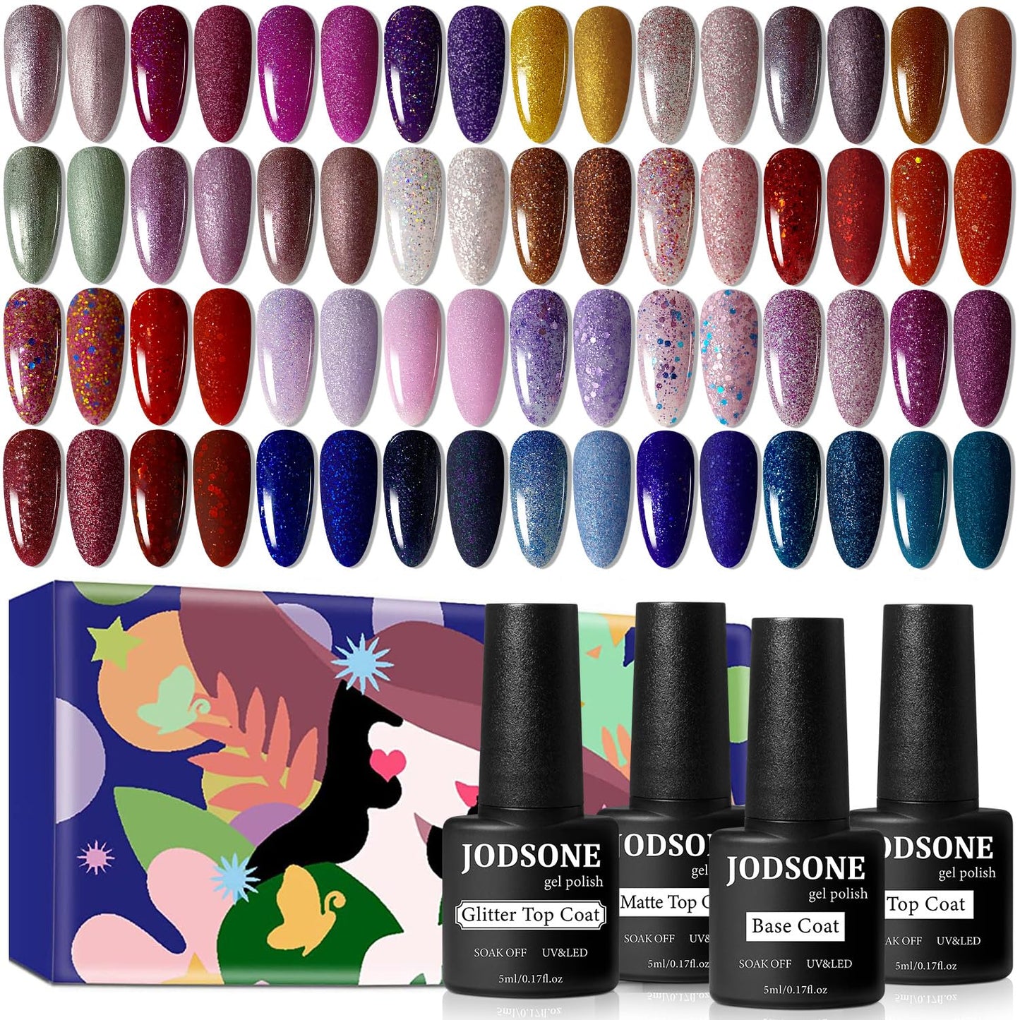 JODSONE Gel Nail Polish Kit 60 PCS with U V Light Soak off Base Top Coat 55 Shine Colors Gel Nail Kit Bright and Dark Brown Wine Red Series Manicure Set for Women and Girls