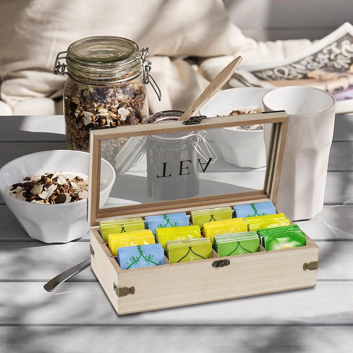 Tea Box,Wood Tea Organizer and Storage,12 Compartments Teas Bag Holder Organizer with Clear Window for Countertop Kitchen Cabinet Pantry (Smoky)