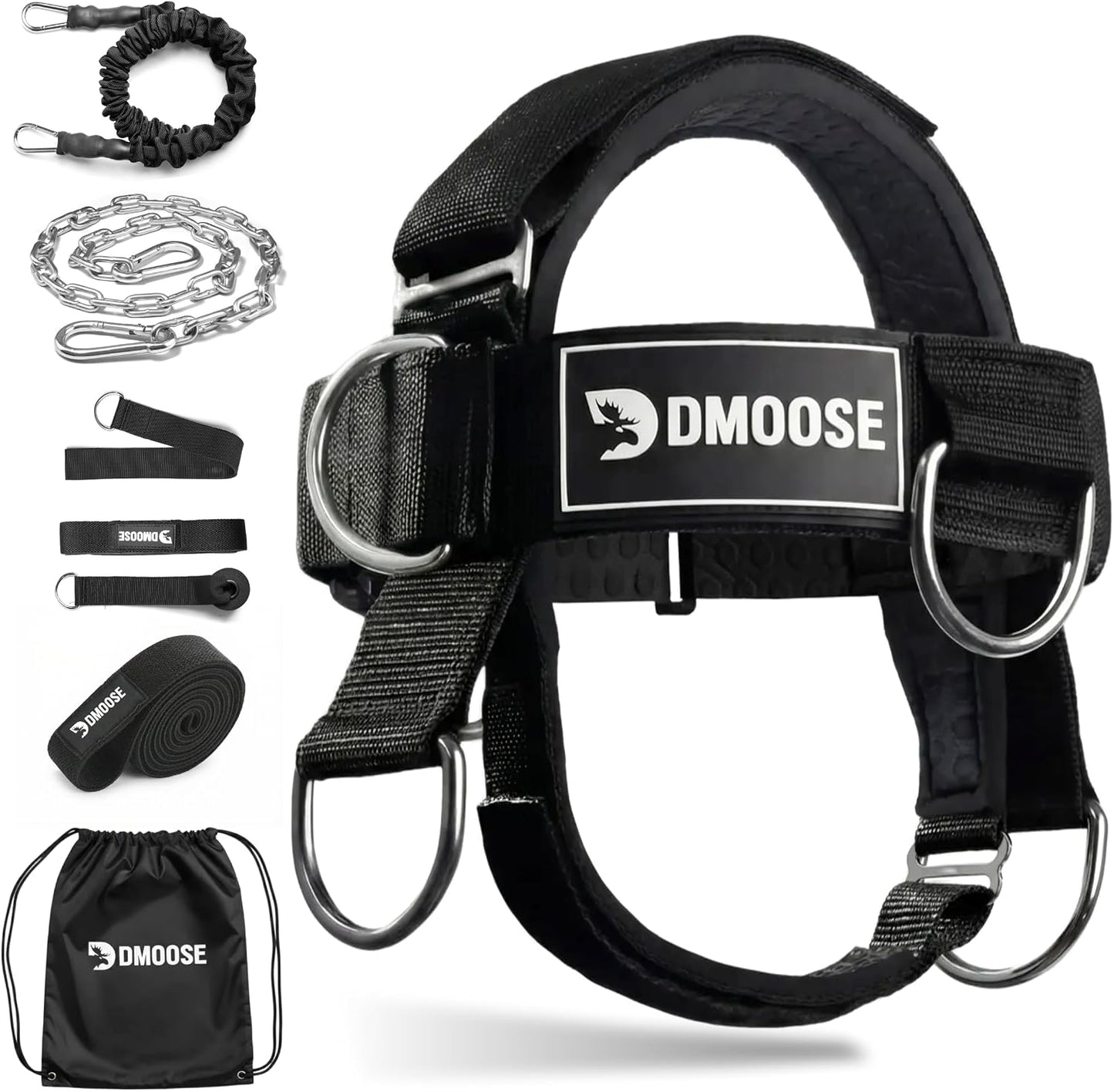 DMoose Fitness Neck Harness for Weight Lifting - Soft Padded Head & Chin Strap with 30" Heavy Duty Steel Chain - Neck Exerciser, Trainer & Strengthener to Support Injury Recovery and Intense Workouts