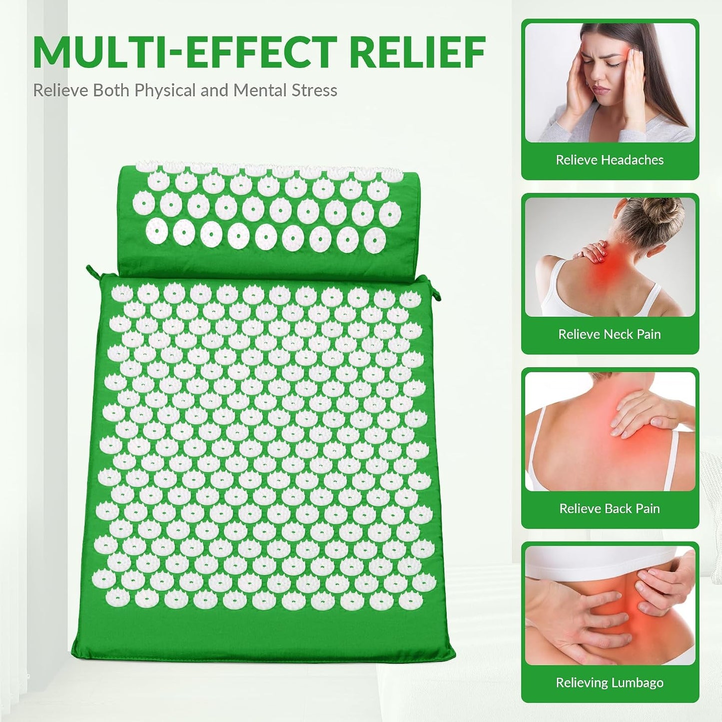 Fitvids Acupressure Mat and Pillow Set for Back/Neck Pain, Acupuncture Products to Relieve Muscle Fatigue, Improve Insomnia for Sedentary People, Acupuncture Eases Stress, Massage Mat, Green