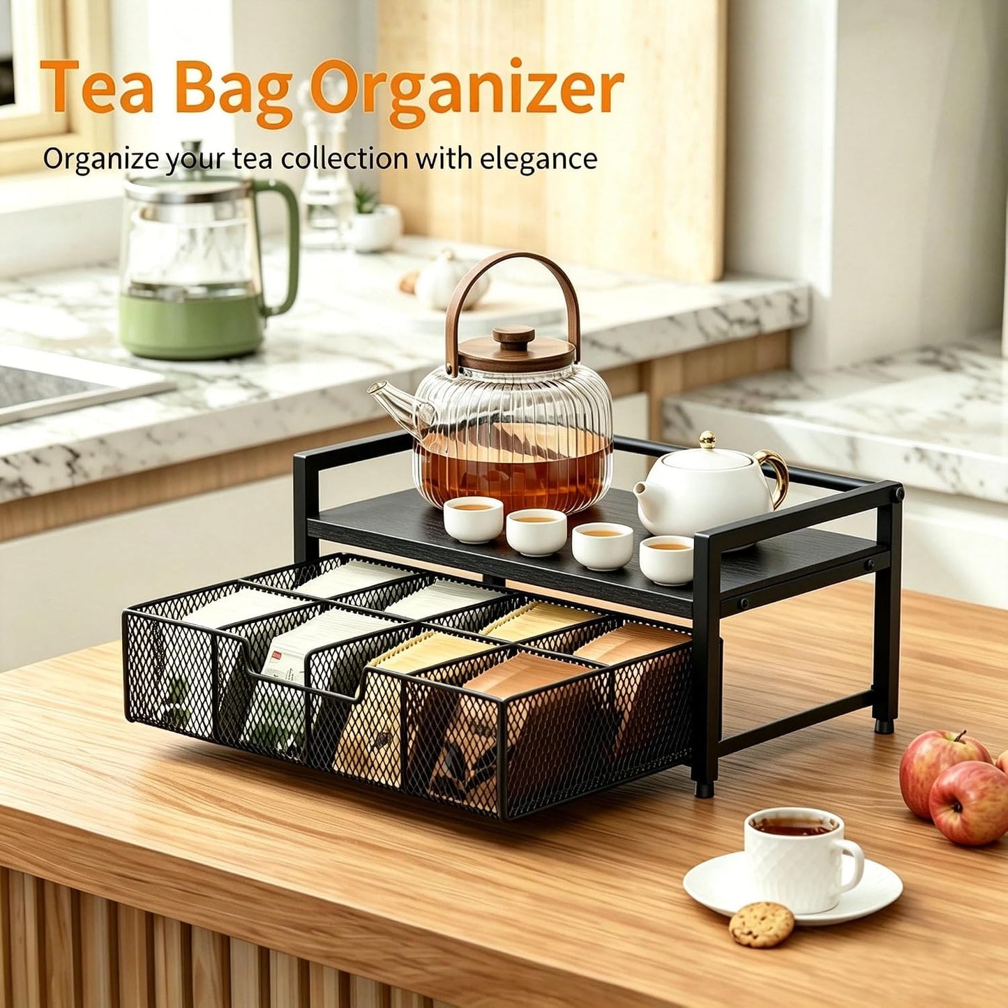 Tea Bag Organizer, Tea Bag Holder with Drawer, Wood and Metal Tea Organizers and Storage Chest for Countertop Kitchen, Office, Rustic Brown