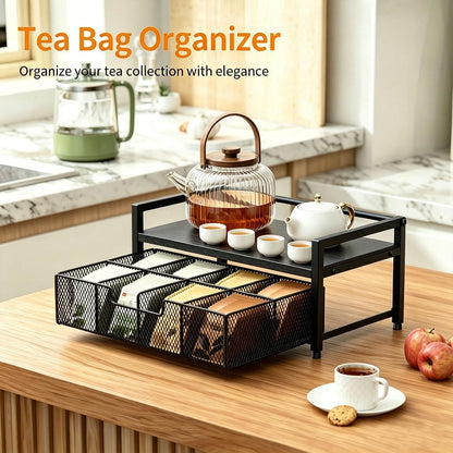 Tea Bag Organizer, Tea Bag Holder with Drawer, Wood and Metal Tea Organizers and Storage Chest for Countertop Kitchen, Office, Rustic Brown