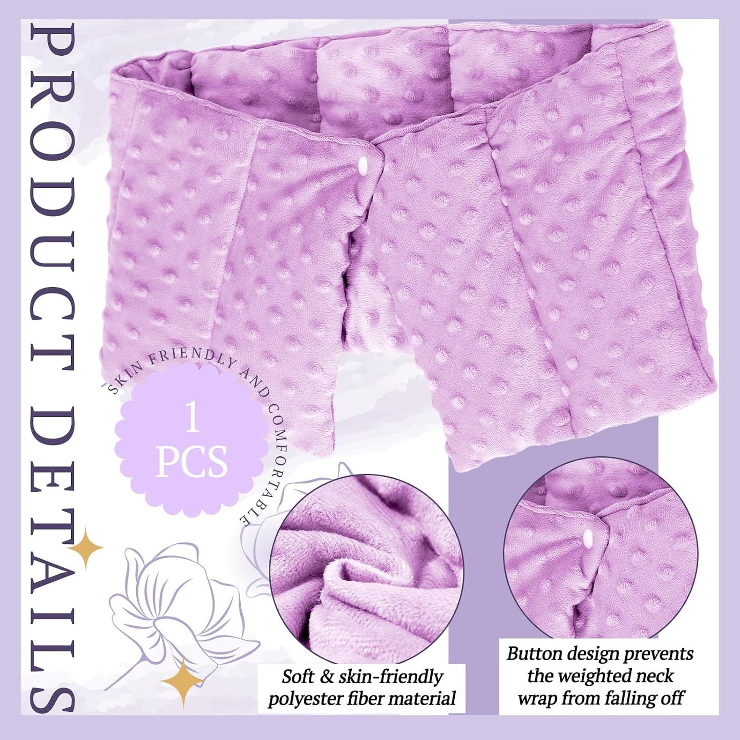 SmoothNovelty 4 lb Sensory Weighted Neck Wrap 32 x 8 Inch Shoulder Wrap Weighted Neck Shoulder Pad Glass Bead Filled Dual Texture for Adults Relaxation(Purple)