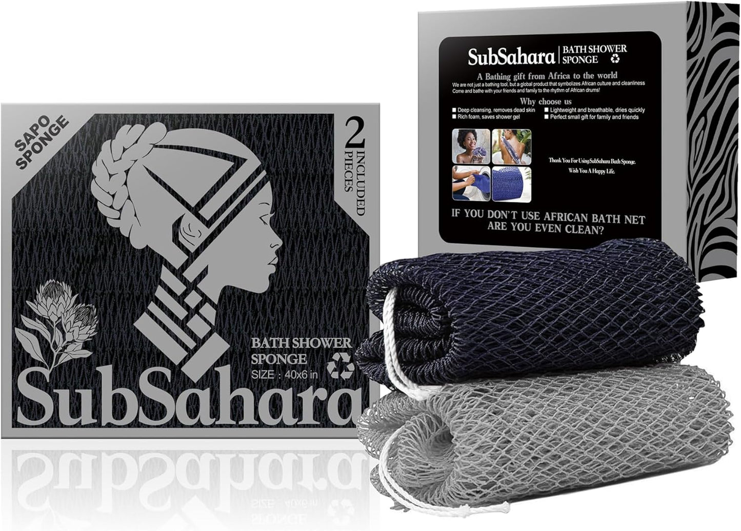SubSahara Authentic African Net Sponge - 2 Pack Exfoliating Bath & Shower Loofah Sponge for Body & Face, Gentle Scrubber for All Skin Types, Travel, Durable Polyester (Olive Green & Light Green)