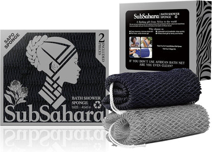 SubSahara Authentic African Net Sponge - 2 Pack Exfoliating Bath & Shower Loofah Sponge for Body & Face, Gentle Scrubber for All Skin Types, Travel, Durable Polyester (Olive Green & Light Green)