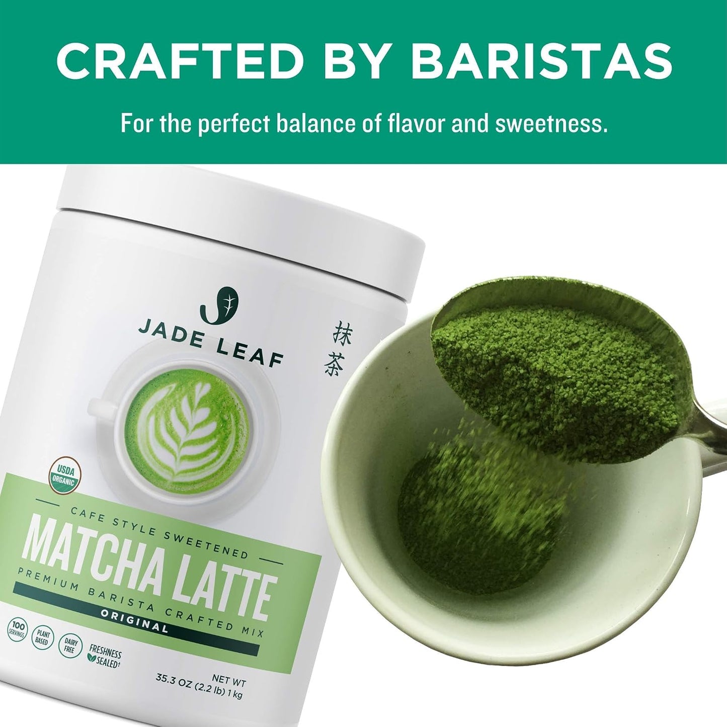 Jade Leaf Matcha Latte Mix Bundle - 1kg Canister + 10ct Stick Packs - Cafe Style Sweetened Blend - Sweet Matcha Green Tea Powder
