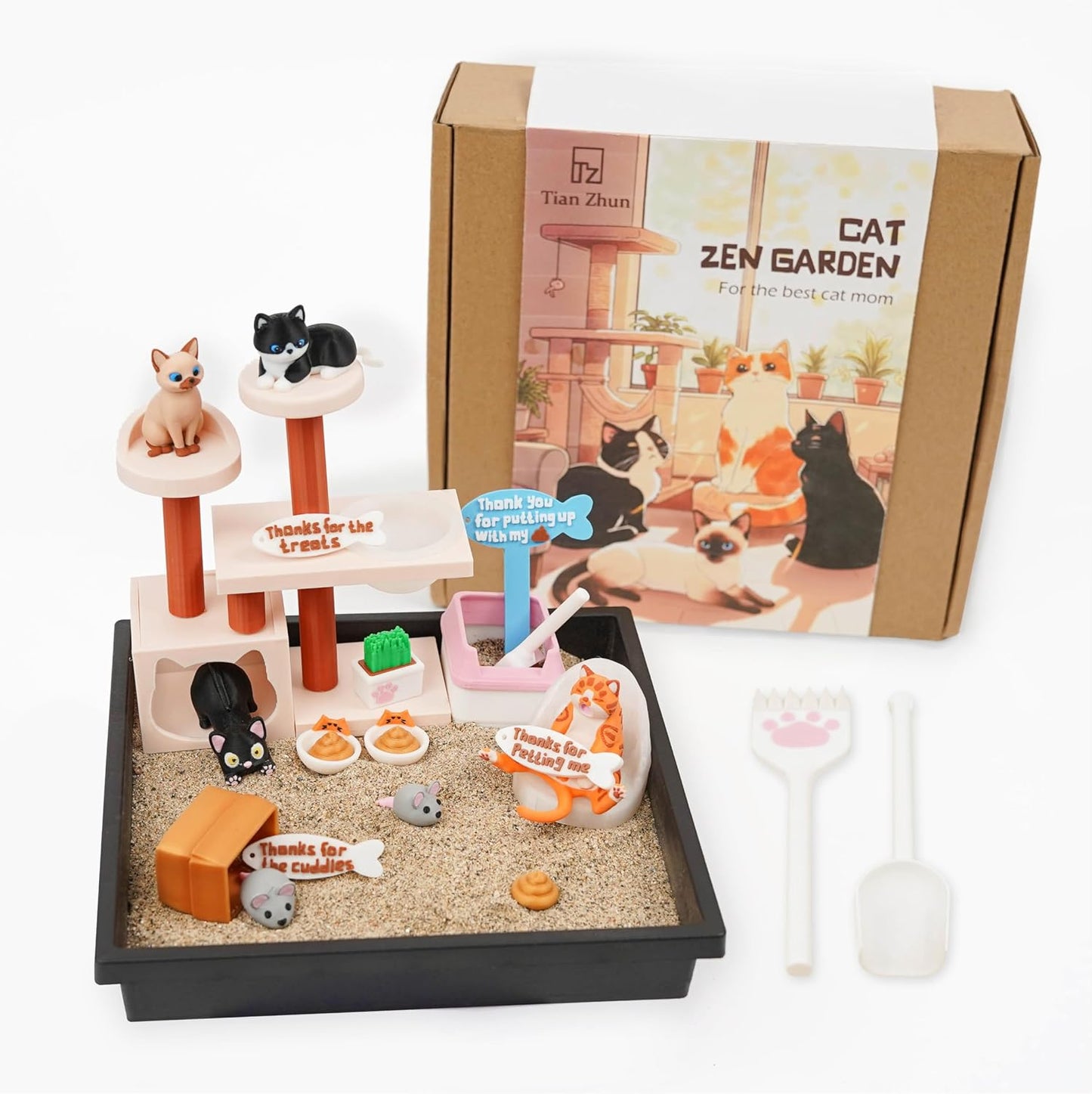 Tian Zhun Cat Lover Gifts for Women Adults Cat Mom Gifts Mini Zen Garden for Desk Cats Themed Gift Sand Tray Therapy Kit Sand Included