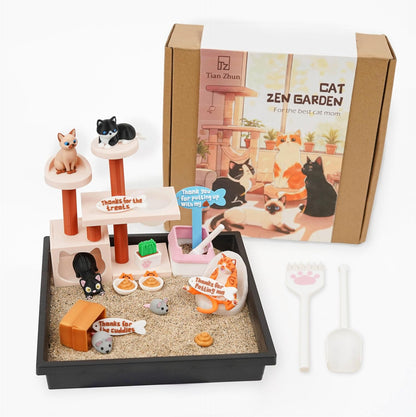 Tian Zhun Cat Lover Gifts for Women Adults Cat Mom Gifts Mini Zen Garden for Desk Cats Themed Gift Sand Tray Therapy Kit Sand Included
