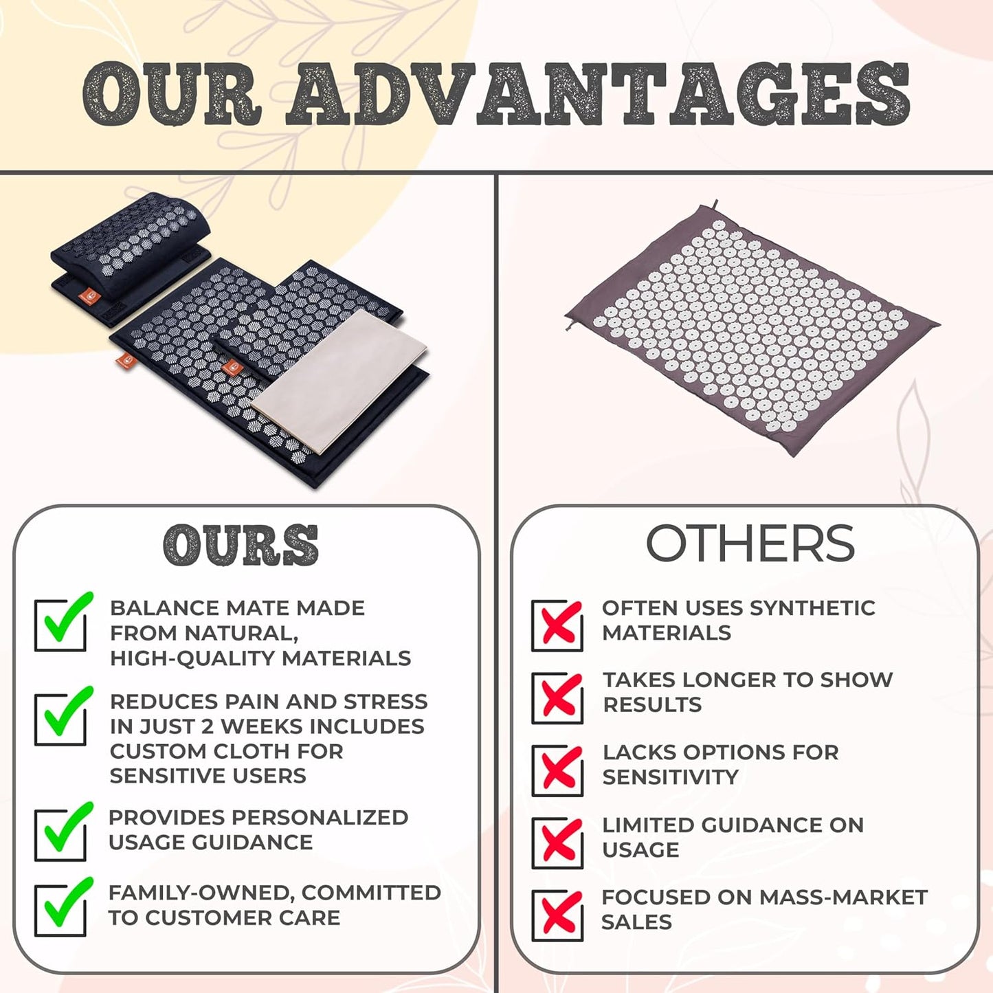 BalanceMate® Acupressure Mat Set with 6,210 Pressure Points for Pain Relief and Relaxation Kit for Back, Neck, and Sleep – Yoga and Meditation Pillow (Soft Cream)