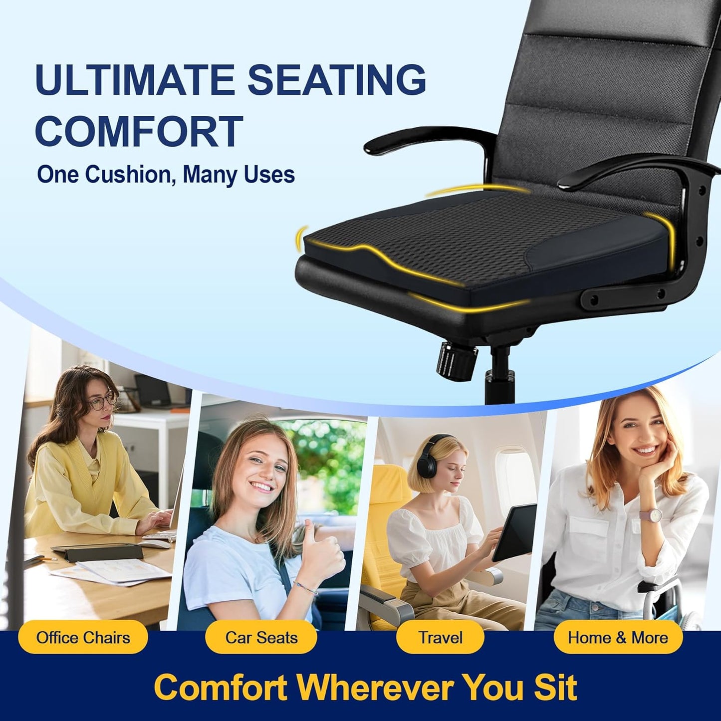 kingphenix Premium Car Seat Cushion, Memory Foam Driver Seat Cushion to Improve Driving View- Coccyx & Lower Back Pain Relief - Seat Cushion for Car, Truck, Office Chair (Leather Black)