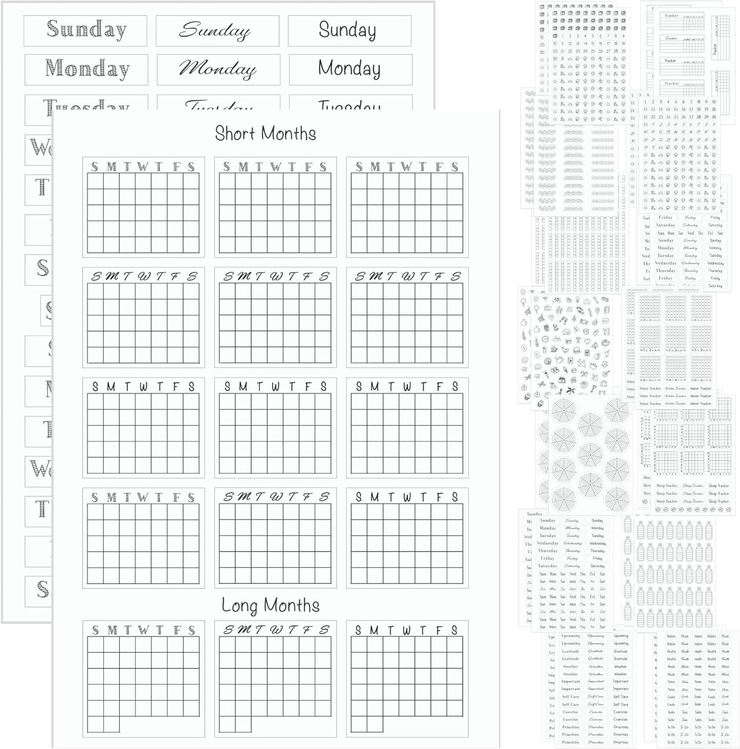 Simple Productivity Weekly Planner Stickers (Black & White) - 30 Sheets of Writable and Transparent Stickers - Mini Calendars, Habit Tracker, Days, Numbers - Supplies for Bullet Dotted Journals