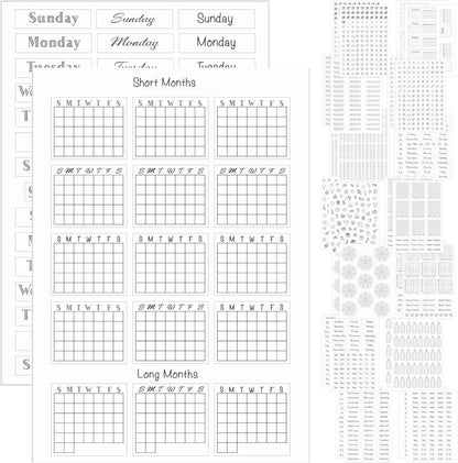 Simple Productivity Weekly Planner Stickers (Black & White) - 30 Sheets of Writable and Transparent Stickers - Mini Calendars, Habit Tracker, Days, Numbers - Supplies for Bullet Dotted Journals