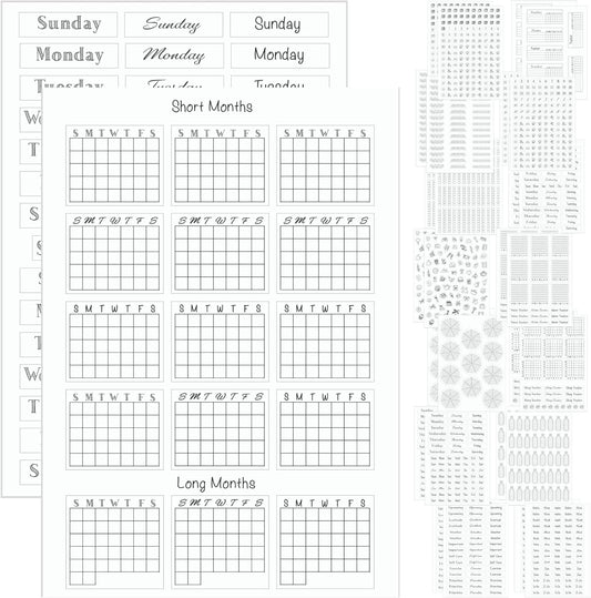 Simple Productivity Weekly Planner Stickers (Black & White) - 30 Sheets of Writable and Transparent Stickers - Mini Calendars, Habit Tracker, Days, Numbers - Supplies for Bullet Dotted Journals