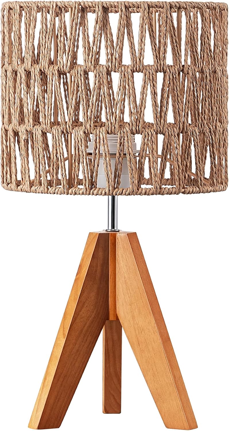 EDISHINE Tripod Table Lamp, Small Cute Bedside Lamp with Linen Beige Lampshade, Nightstand Lamp for Nursery, Bedroom, Kid Room, Living Room, Light Brown Wooden Base, E26 Socket, 14.2 Inch