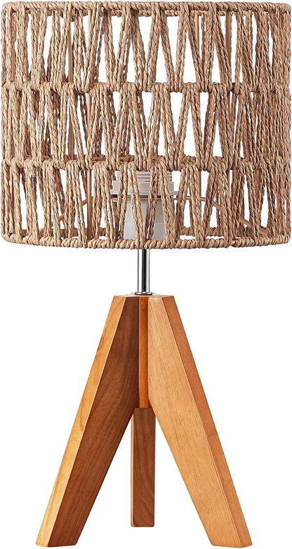 EDISHINE Tripod Table Lamp, Small Cute Bedside Lamp with Linen Beige Lampshade, Nightstand Lamp for Nursery, Bedroom, Kid Room, Living Room, Light Brown Wooden Base, E26 Socket, 14.2 Inch