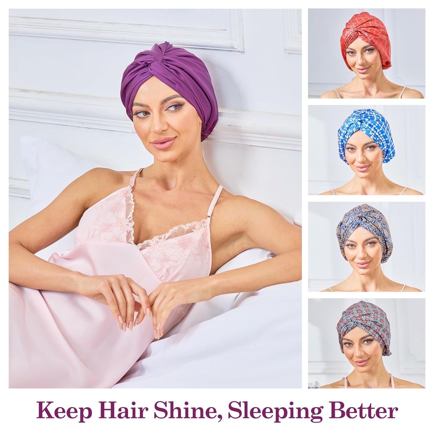 Adjustable Silk Satin Bonnet for Sleeping Hair Wrap, Double Layer Sleep Cap, Night Turban for Large Long Curly Braid Women Men Hair - Matcha Green