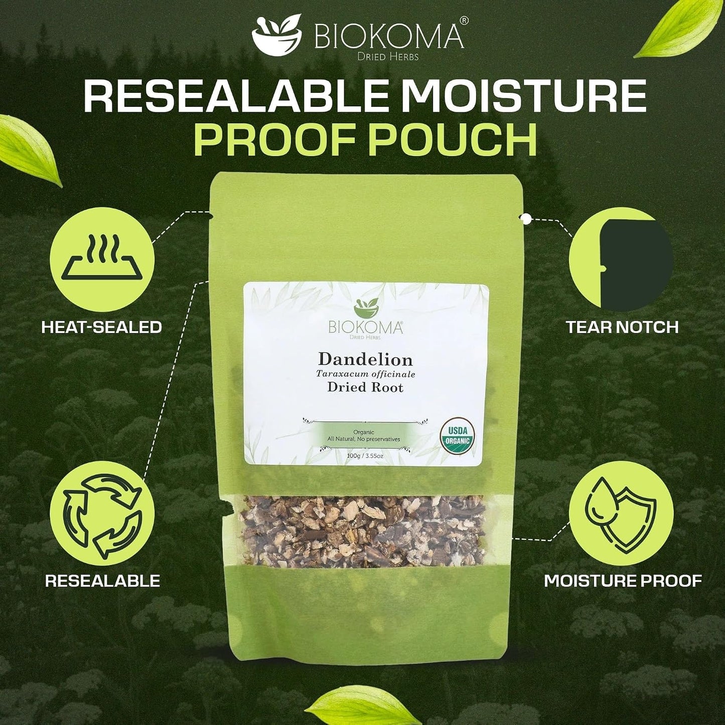 Biokoma Organic Dandelion Root Dried Herb 100g (3.55oz) USDA Organic Taraxacum Cut & Sifted Herbal Tea Kidney Liver Detox Digestion Support Caffeine-Free No Additives No Preservatives No GMO Kosher