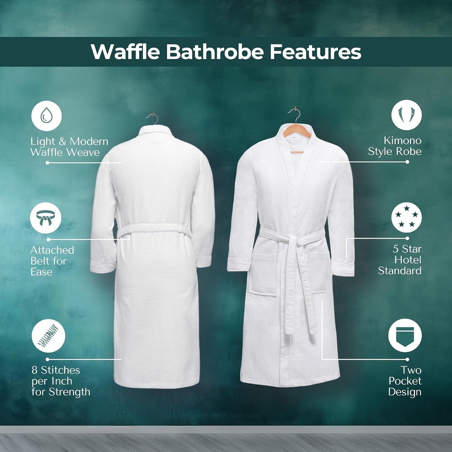 Looperry Unisex White Waffle Bathrobe (1 Piece) Luxurious & Lightweight Shower Robe in Organic Cotton Poly Blend