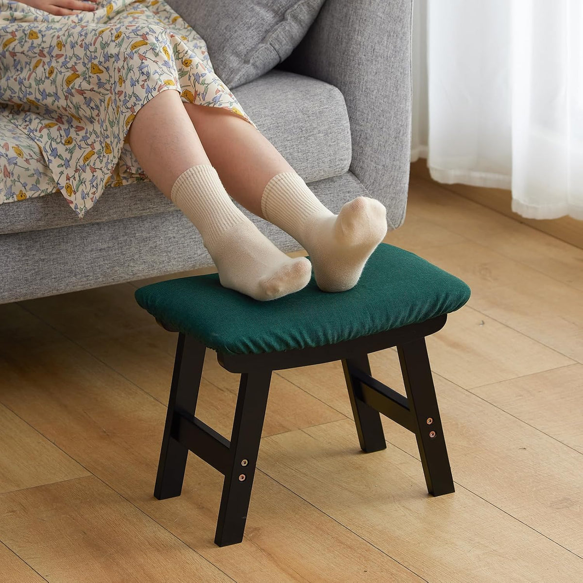 Foot Stool Ottoman Foot Rest Under Desk,Small Stool for Living Room, Bedroom and Kitchen (Brown Legs - Beige Stool Surface)