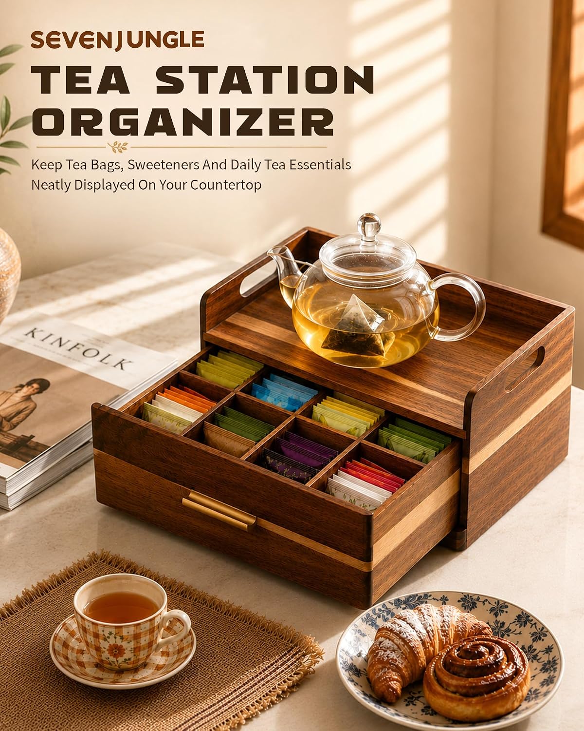 Acacia Wood Tea Bag Organizer for Countertop, Tea Holder Organizer with Storage Drawer