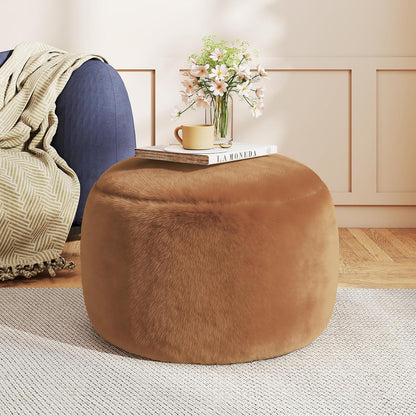 Round Stuffed Pouf Ottoman Foot Rest, Faux Fur Poufs with Memory Foam Filling, Ottomans for Living Room, Nursery, Dorm, Soft Foot Stool Ottoman for Couch, Perfect for Resting Your Feet (Grey, 20 Inch)