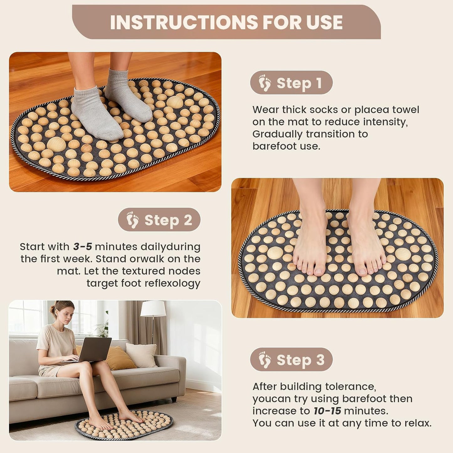 Feet Acupressure Mat, Wood Foldable Foot Massager Mat, Portable Pressure Point Massage Pad, Anti Fatigue Office Standing Desk Pad, Reflexoloy mat, Stand Up Pad, Relieve Foot Pain