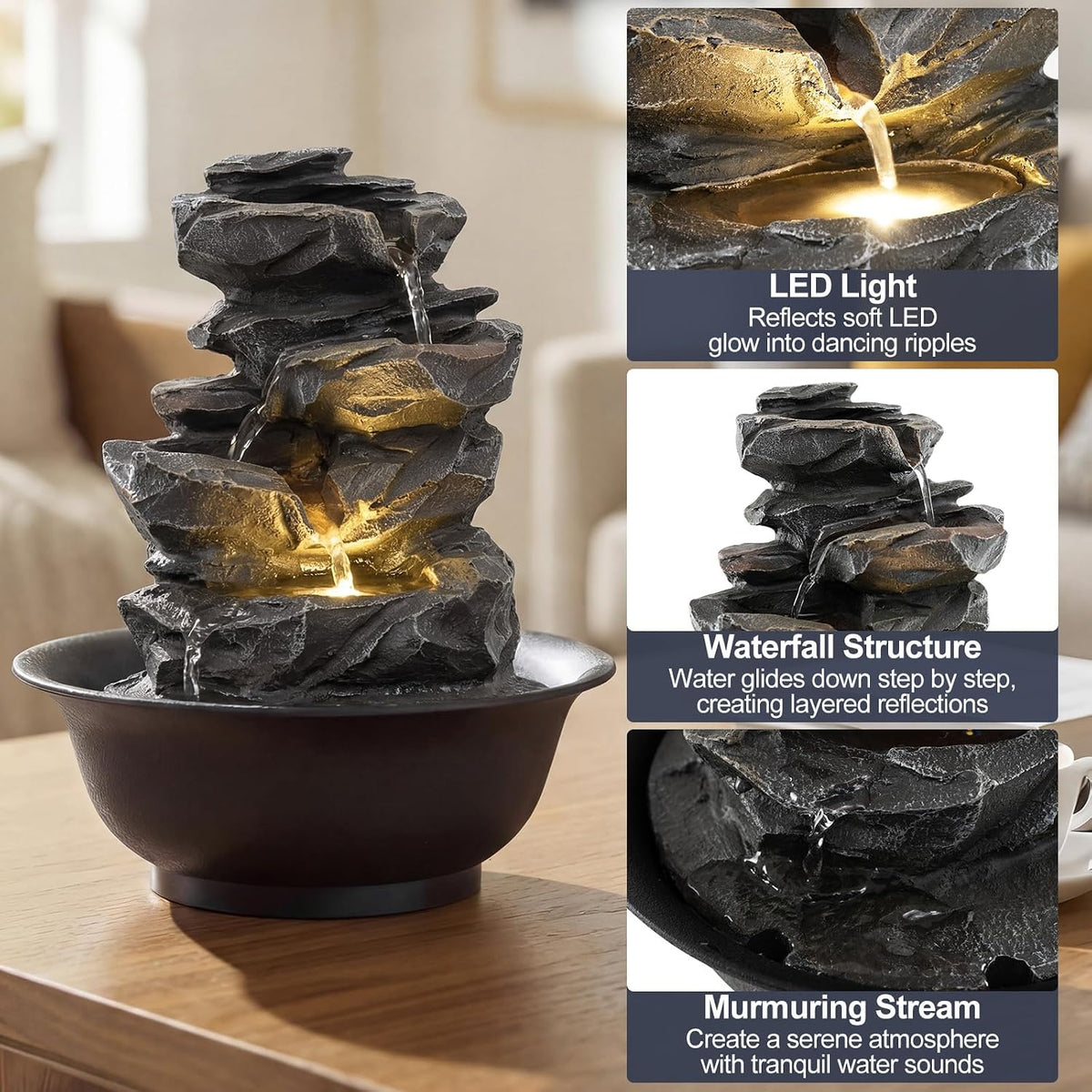 Giantex Tabletop Water Fountain with Warm LED Light, Tiered Rock Waterfall with Pump, Zen Meditation Desktop Decor for Office, Home Relaxation