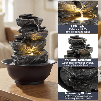 Giantex Tabletop Water Fountain with Warm LED Light, Tiered Rock Waterfall with Pump, Zen Meditation Desktop Decor for Office, Home Relaxation
